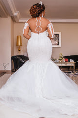 Mermaid Sweetheart Short Train Long Sleeves Backless Organza Applique Wedding Dress-Ballbella