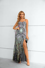 Mermaid Sweetheart Spaghetti Strap Floor-length Sleeveless Backless Appliques Lace High Split Prom Dress-Ballbella
