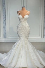 Mermaid Sweetheart Spaghetti strap Lace Floor-length Sleeveless Applique Beaded Wedding Dress-Ballbella