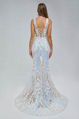 Mermaid V-neck Backless Lace Sequined Floor-length Long Sleeve Elegant Prom Dress-Ballbella