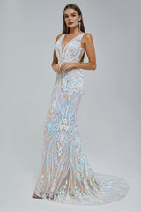Mermaid V-neck Backless Lace Sequined Floor-length Long Sleeve Elegant Prom Dress-Ballbella