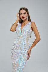Mermaid V-neck Backless Lace Sequined Floor-length Long Sleeve Elegant Prom Dress-Ballbella