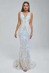 Mermaid V-neck Backless Lace Sequined Floor-length Long Sleeve Elegant Prom Dress-Ballbella