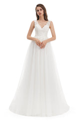 Mermaid V-neck Floor-length Sleeveless Backless Appliques Lace Wedding Dress-Ballbella