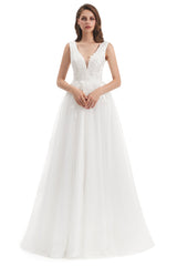 Mermaid V-neck Floor-length Sleeveless Backless Appliques Lace Wedding Dress-Ballbella