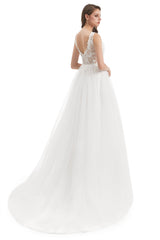 Mermaid V-neck Floor-length Sleeveless Backless Appliques Lace Wedding Dress-Ballbella