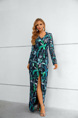 Mermaid V-neck Lace Floor-length Long Sleeve High Split Sequined Prom Dress-Ballbella