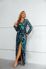 Mermaid V-neck Lace Floor-length Long Sleeve High Split Sequined Prom Dress-Ballbella
