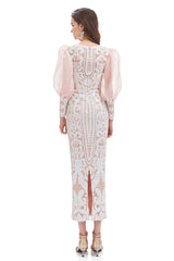 Mermaid V-neck Lace Sequined Floor-length Long Sleeve Bubble Sleeves Prom Dress-Ballbella