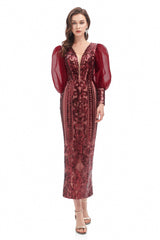 Mermaid V-neck Lace Sequined Floor-length Long Sleeve Bubble Sleeves Prom Dress-Ballbella