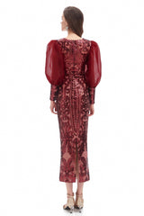 Mermaid V-neck Lace Sequined Floor-length Long Sleeve Bubble Sleeves Prom Dress-Ballbella