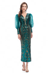 Mermaid V-neck Lace Sequined Floor-length Long Sleeve Bubble Sleeves Prom Dress-Ballbella