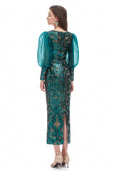 Mermaid V-neck Lace Sequined Floor-length Long Sleeve Bubble Sleeves Prom Dress-Ballbella