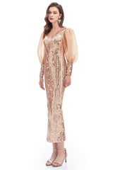 Mermaid V-neck Lace Sequined Floor-length Long Sleeve Bubble Sleeves Prom Dress-Ballbella