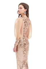 Mermaid V-neck Lace Sequined Floor-length Long Sleeve Bubble Sleeves Prom Dress-Ballbella