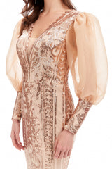 Mermaid V-neck Lace Sequined Floor-length Long Sleeve Bubble Sleeves Prom Dress-Ballbella