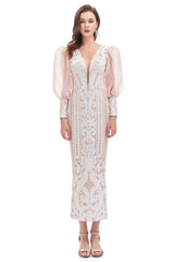 Mermaid V-neck Lace Sequined Floor-length Long Sleeve Bubble Sleeves Prom Dress-Ballbella