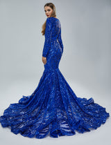 Mermaid V-neck Lace Sequined Floor-length Long Sleeve Elegant Prom Dress-Ballbella