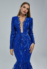 Mermaid V-neck Lace Sequined Floor-length Long Sleeve Elegant Prom Dress-Ballbella
