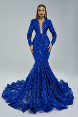 Mermaid V-neck Lace Sequined Floor-length Long Sleeve Elegant Prom Dress-Ballbella