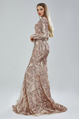Mermaid V-neck Lace Sequined Floor-length Long Sleeve Elegant Prom Dress-Ballbella