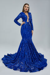 Mermaid V-neck Lace Sequined Floor-length Long Sleeve Elegant Prom Dress-Ballbella