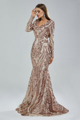 Mermaid V-neck Lace Sequined Floor-length Long Sleeve Elegant Prom Dress-Ballbella