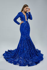Mermaid V-neck Lace Sequined Floor-length Long Sleeve Elegant Prom Dress-Ballbella