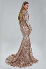 Mermaid V-neck Lace Sequined Floor-length Long Sleeve Elegant Prom Dress-Ballbella