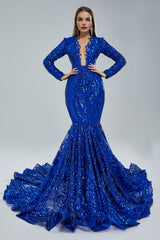 Mermaid V-neck Lace Sequined Floor-length Long Sleeve Elegant Prom Dress-Ballbella