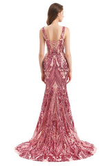 Mermaid V-neck Lace Sequined Floor-length Sleeveless Open Back Prom Dress-Ballbella