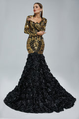 Mermaid V-neck Long sleeves Floor-length Backless Flower Sequined Beautiful Prom Dress-Ballbella