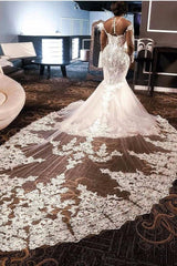 Mermaid V-neck Long Train Long Sleeves Tulle Beading Applique Wedding Dress-Ballbella