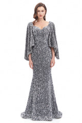 Mermaid V-neck Sequined Floor-length Long Sleeve Prom Dress-Ballbella
