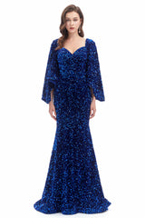 Mermaid V-neck Sequined Floor-length Long Sleeve Prom Dress-Ballbella
