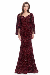Mermaid V-neck Sequined Floor-length Long Sleeve Prom Dress-Ballbella