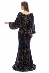 Mermaid V-neck Sequined Floor-length Long Sleeve Prom Dress-Ballbella