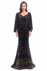 Mermaid V-neck Sequined Floor-length Long Sleeve Prom Dress-Ballbella