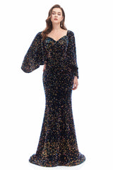 Mermaid V-neck Sequined Floor-length Long Sleeve Prom Dress-Ballbella
