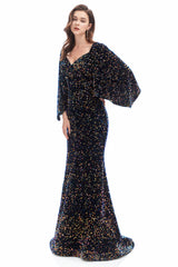 Mermaid V-neck Sequined Floor-length Long Sleeve Prom Dress-Ballbella