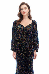 Mermaid V-neck Sequined Floor-length Long Sleeve Prom Dress-Ballbella