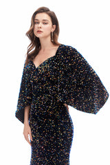 Mermaid V-neck Sequined Floor-length Long Sleeve Prom Dress-Ballbella