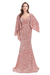 Mermaid V-neck Sequined Floor-length Long Sleeve Prom Dress-Ballbella