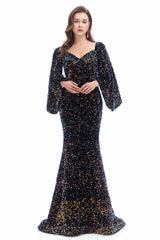 Mermaid V-neck Sequined Floor-length Long Sleeve Prom Dress-Ballbella
