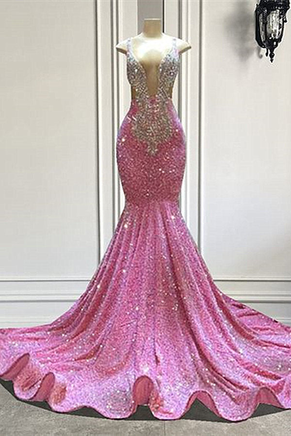 Mermaid V-neck Sequined Floor-length Sleeveless Prom Dress-Ballbella