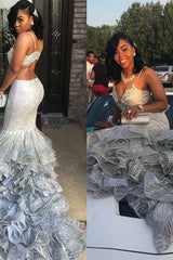 Mermaid V-neck Spaghetti Strap Backless Chapel Pleated Lotus Leaf Hem Prom Dress-Ballbella
