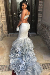 Mermaid V-neck Spaghetti Strap Backless Chapel Pleated Lotus Leaf Hem Prom Dress-Ballbella