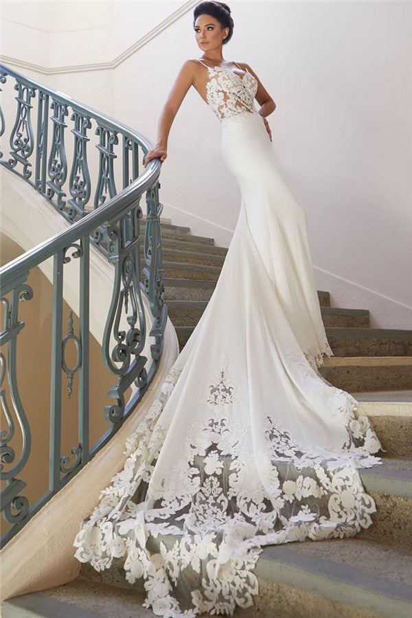 Mermaid V Neck Spaghetti Strap Chapel Chiffon Crochet Flower Wedding Dress Ballbella Mermaid V Neck Spaghetti Strap Chapel Chiffon Crochet Flower Wedding Dress Ballbella