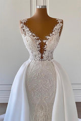 Mermaid V-neck Spaghetti strap Lace Floor-length Sleeveless Applique Beaded With Side Train Wedding Dress-Ballbella