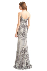 Mermaid V-neck Spaghetti strap Lace Sequined Floor-length Sleeveless Backless Prom Dress-Ballbella